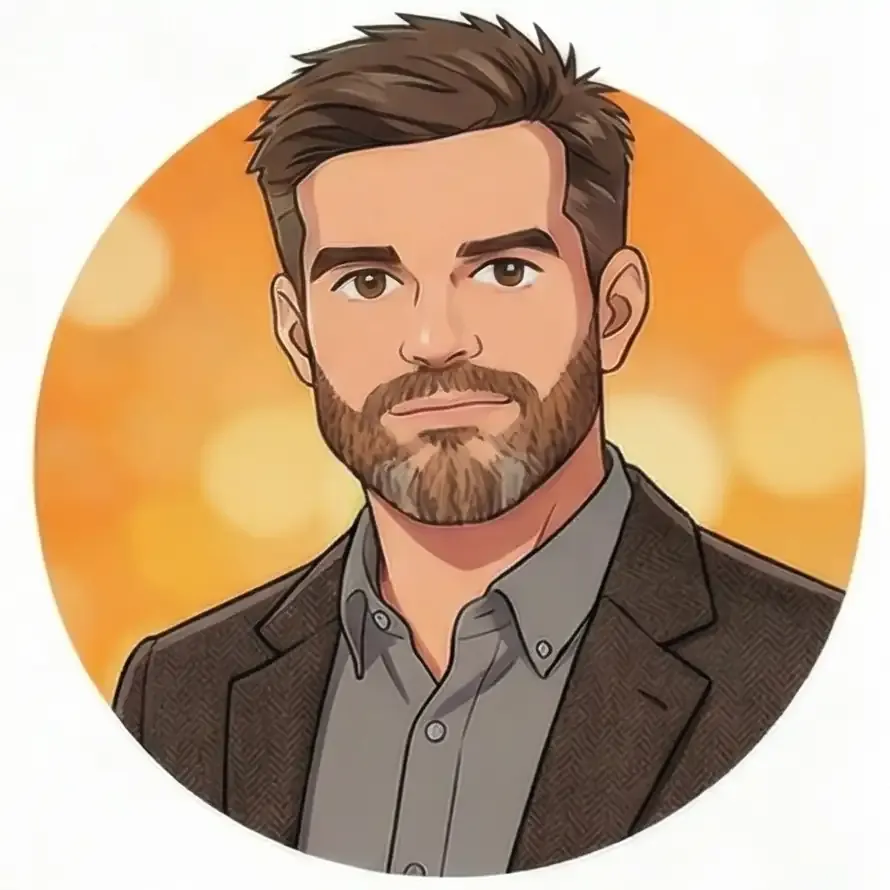 Cartoon portrait of a man with short brown hair, a beard, and brown eyes, wearing a gray collared shirt and a brown tweed blazer, set against an orange bokeh background.