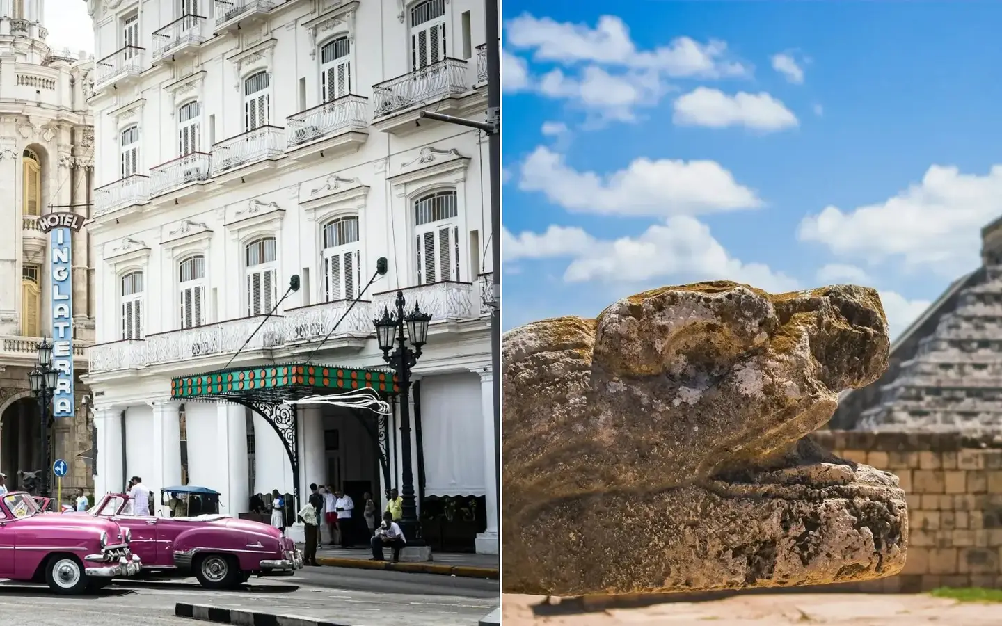 Classic American cars in Old Havana, Cuba on the left and the Chichén Itzá pyramid in Yucatán, Mexico on the right — a side-by-side comparison hero