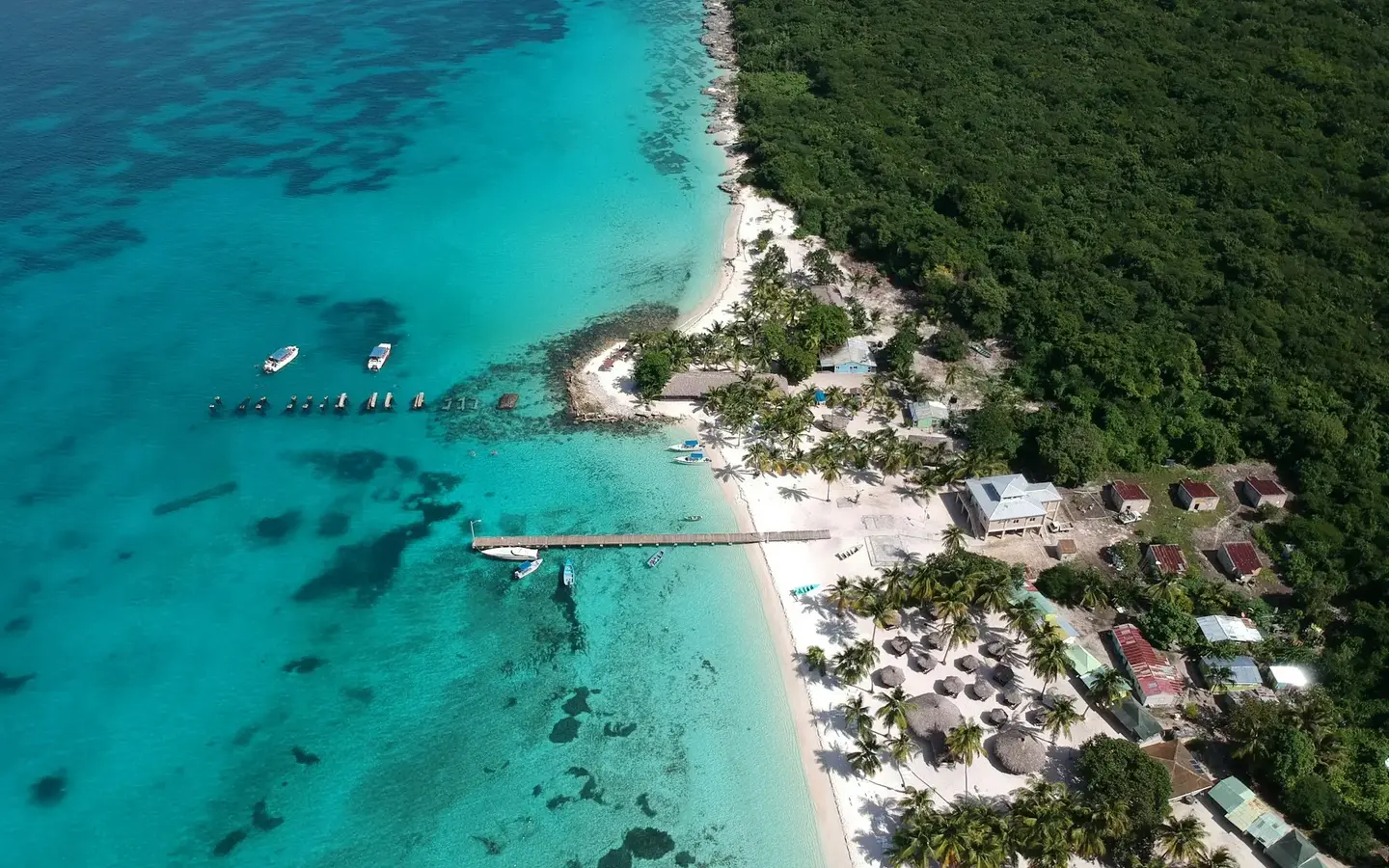 Aerial view of a tropical island with white sand beach, palm trees and turquoise waters in the Dominican Republic