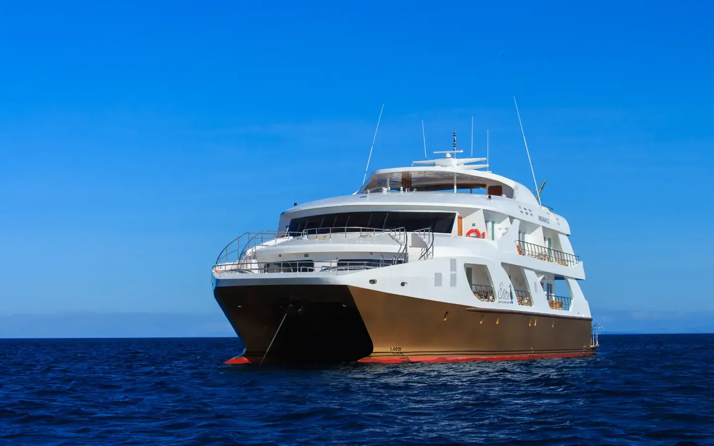 The Elite luxury catamaran at anchor in the Galápagos