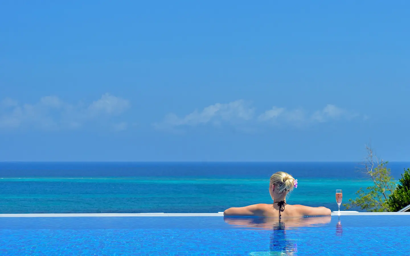 Infinity pool with turquoise Caribbean sea view at a Meliá resort in Cuba