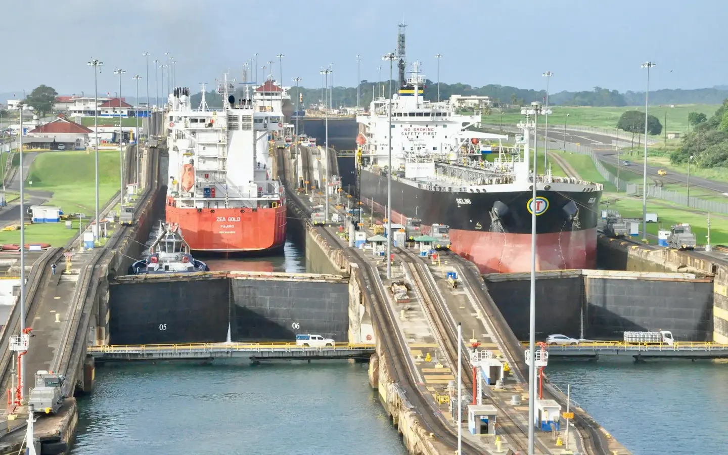 Large container ship passing through the Panama Canal locks